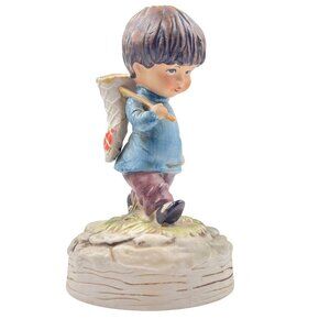 Vintage Gorham Moppets 1973 Fran Mar Music Box Figurine Boy Fishing